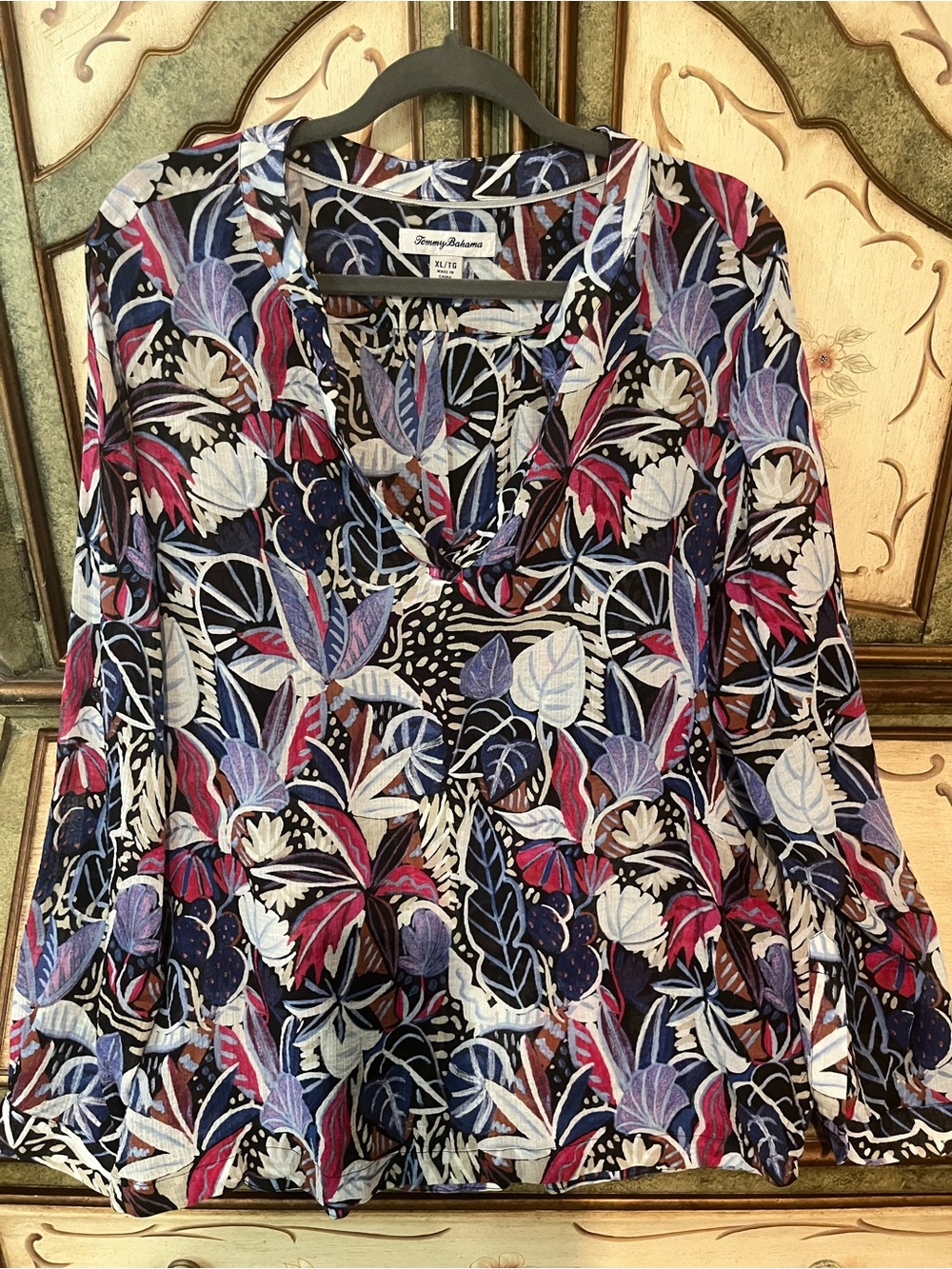 Tommy Bahama Navy Floral V-Neck Tunic with Pink and Lavender Accents